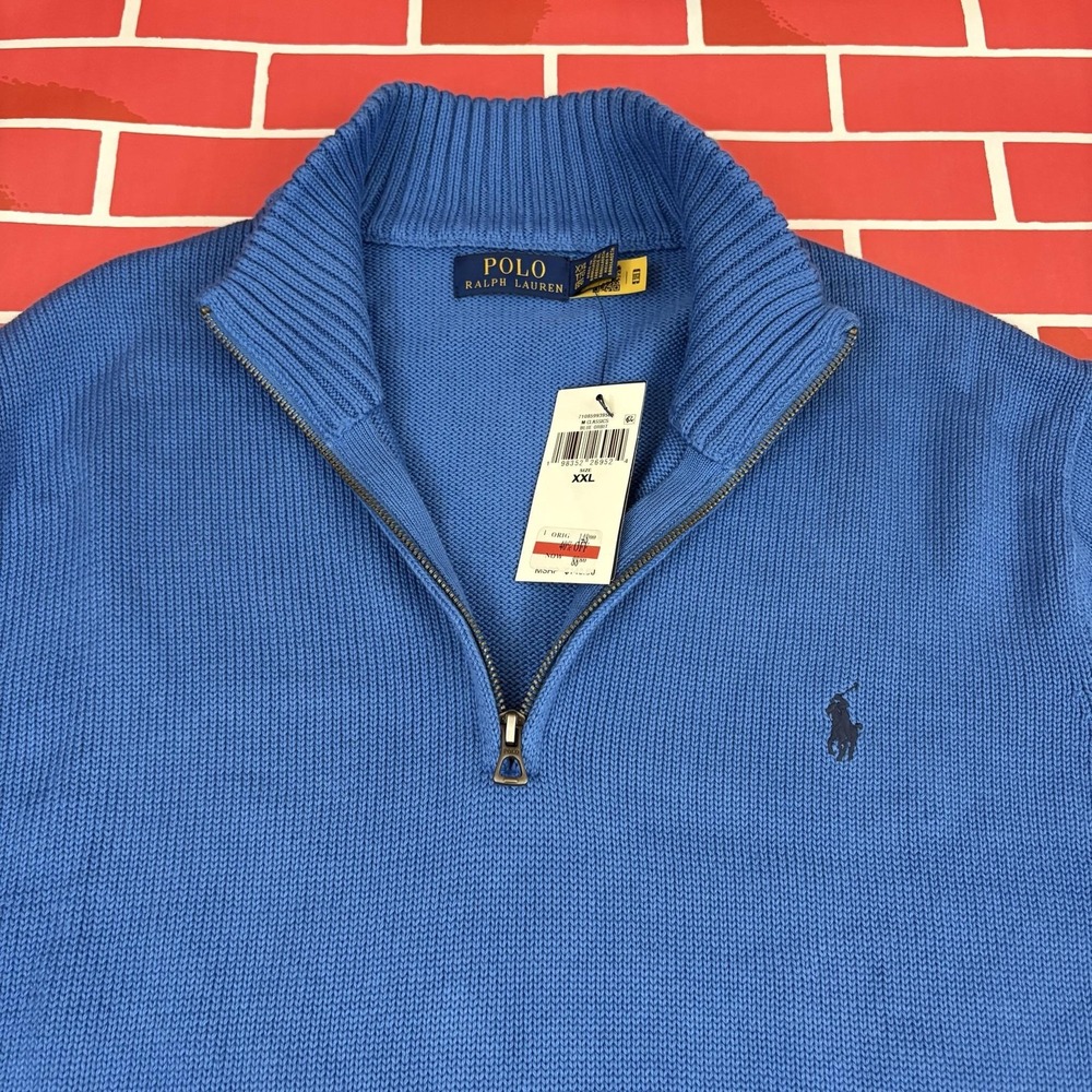 Polo Ralph Lauren Sweater Mens 2XL Blue 1/4 Zip Mock Neck Knit Cotton NWT